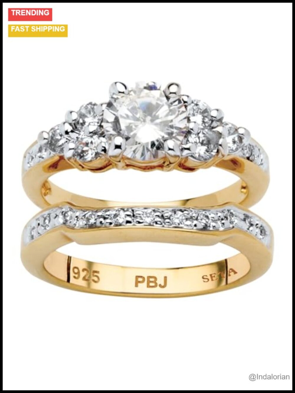 18K Yellow Gold Plated Round Cubic Zirconia Bridal Ring Set Size 9